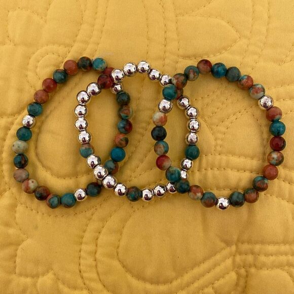 Set of 3 Handmade Elastic Genuine Stone Bracelets - Picture 1 of 2